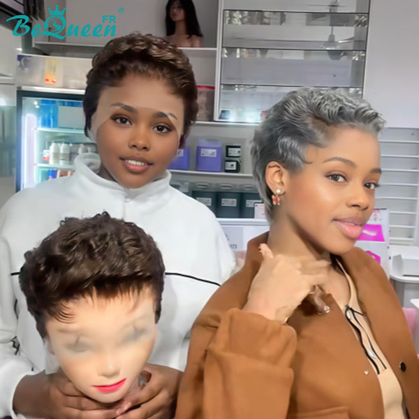 Bequeen Perruque “Chioma” Pixie marron ou gris curly avec lace frontale