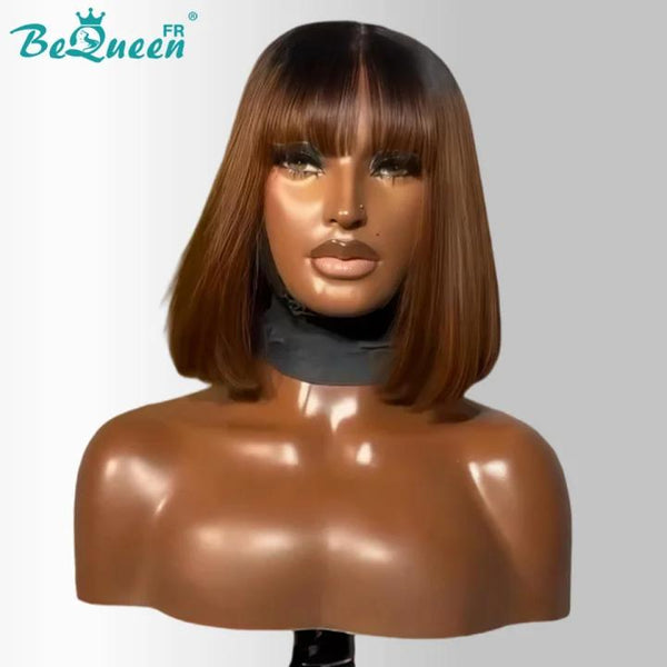BeQueen "Yumi" Perruque Bob Racine Noir et marron Lisse avec frange 10 Pouces Moitié prix