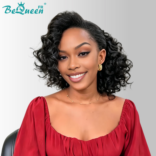 BeQueen "Polysia" Peruca Bob preta encaracolada estilo bouncy 43 com lace frontal, 100% raw hair, boa qualidade, pode durar 20 anos