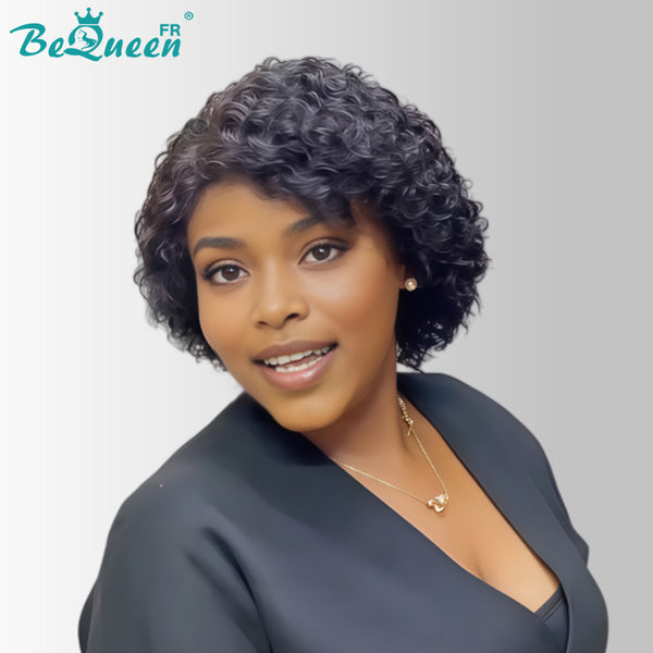 Bequeen Peruca “Coco” pixie encaracolada preta, à máquina ou com lace frontal, sem cola, com risca ao lado, estilo 10
