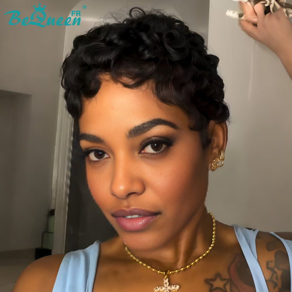 Peluca Bequeen "Chioma" Pixie negra rizada sin pegamento, lista para usar