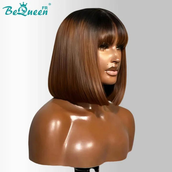 BeQueen "Yumi" Perruque Bob Racine Noir et marron Lisse avec frange 10 Pouces Moitié prix