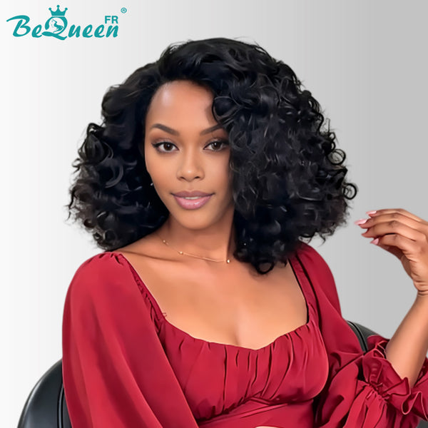 BeQueen "Polysia" Peruca Bob preta encaracolada estilo bouncy 43 com lace frontal, 100% raw hair, boa qualidade, pode durar 20 anos