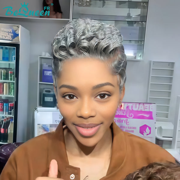 Bequeen Perruque “Chioma” Pixie marron ou gris curly avec lace frontale