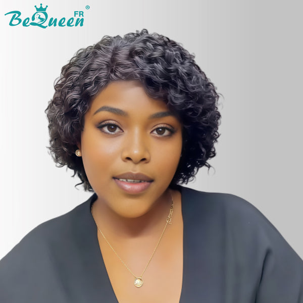 Bequeen Peruca “Coco” pixie encaracolada preta, à máquina ou com lace frontal, sem cola, com risca ao lado, estilo 10