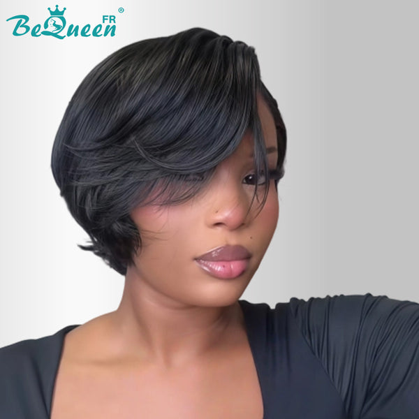 BeQueen "Chris" Glatte schwarze Bob-Perücke mit Seitenscheitel, Front-Lace, ohne Kleber, Style 18, 100 % Rohhaar, gute Qualität, kann 20 Jahre halten