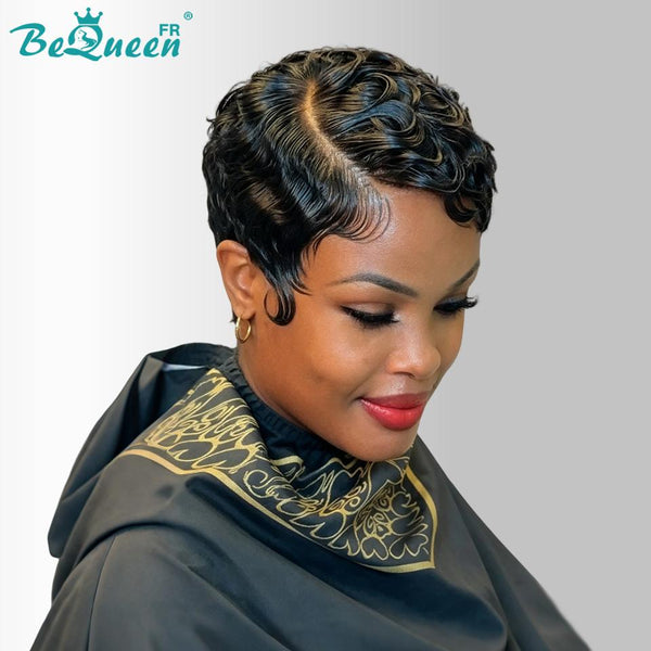 Bequeen Perruque “Suwe” Pixie noir Sans colle Frontale Lace Avec Raie Du Côté style 28