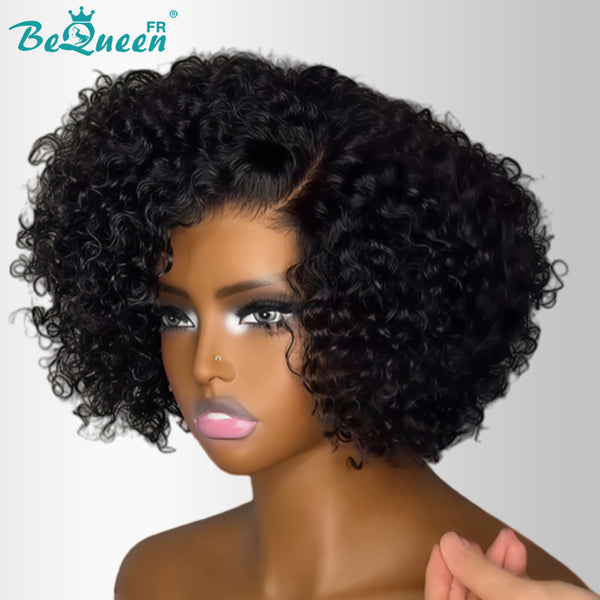 Bequeen „Coco“ Pixie-Curl-Perücke, schwarz, maschinell gefertigt oder mit Front-Lace, ohne Kleber, Seitenscheitel, Stil 10