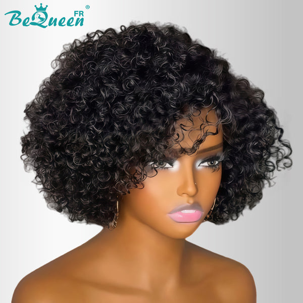 Bequeen „Coco“ Pixie-Curl-Perücke, schwarz, maschinell gefertigt oder mit Front-Lace, ohne Kleber, Seitenscheitel, Stil 10