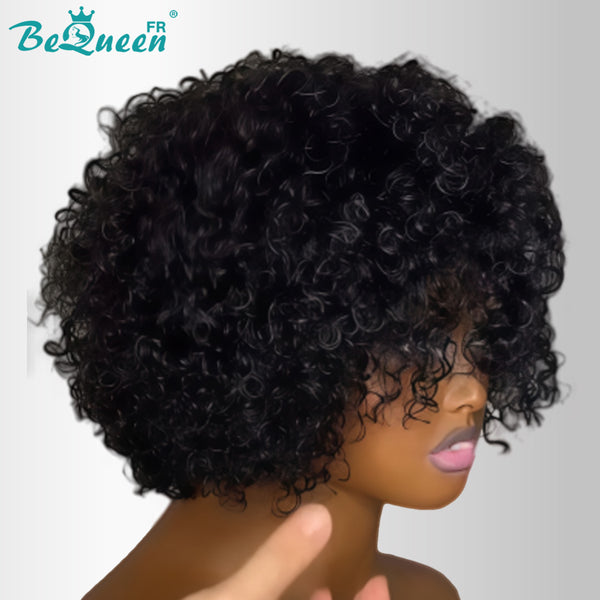 Bequeen „Coco“ Pixie-Curl-Perücke, schwarz, maschinell gefertigt oder mit Front-Lace, ohne Kleber, Seitenscheitel, Stil 10