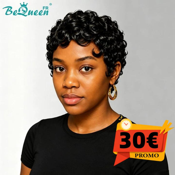 Bequeen „Chioma“ Pixie-Perücke, schwarz, lockig, maschinell gefertigt, ohne Kleber, sofort tragbar, halber Preis, im Angebot 30€