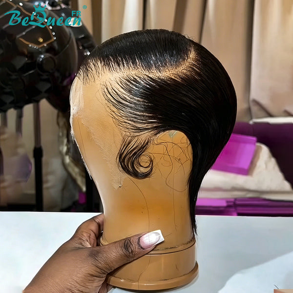Bequeen glatte Perücke "Chris" mit Lace Front 13*4, Schwarz, 100% Echthaar, Seitenscheitel
