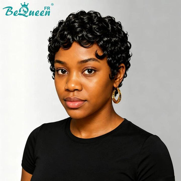 Bequeen "Chioma" Black Curly Pixie Wig, Machine-Made, Glueless, Ready-to-Wear, Style 17