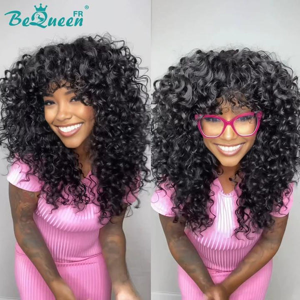 BeQueen "Josie" Peluca Bob Curly Wave negra con flequillo, hecha a máquina, estilo 2 a mitad de precio