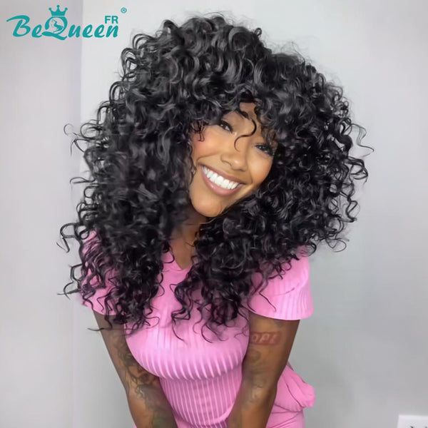 BeQueen "Josie" Peluca Bob Curly Wave negra con flequillo, hecha a máquina, estilo 2 a mitad de precio