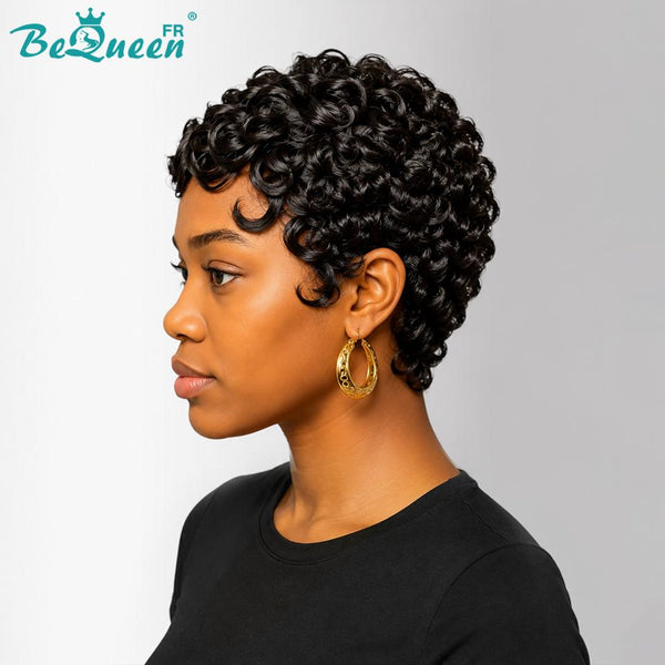 Bequeen "Chioma" Black Curly Pixie Wig, Machine-Made, Glueless, Ready-to-Wear, Style 17