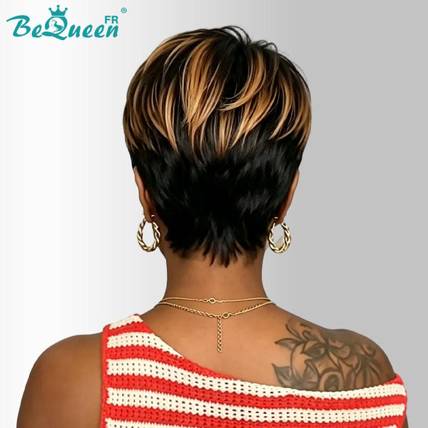 Bequeen Perruque "Suey" lisse à la machine Noir mix marron mix miel 100% cheveux humains style 44