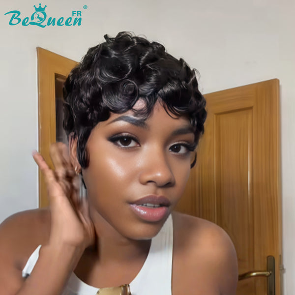 Bequeen Perruque “Chioma” Pixie noir curly à la machine sans colle Prêt à porter style 25