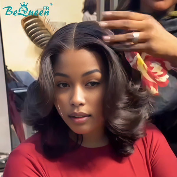 BeQueen "Polysia" Perruque noir Bob bouncy curly avec Lace frontale Sans colle style 40