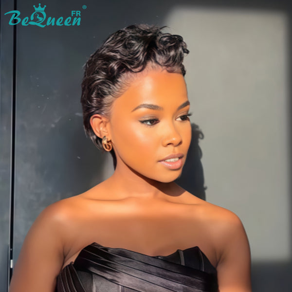 Bequeen Peluca “Chioma” pixie negra rizada hecha a máquina sin pegamento, lista para usar, estilo 10