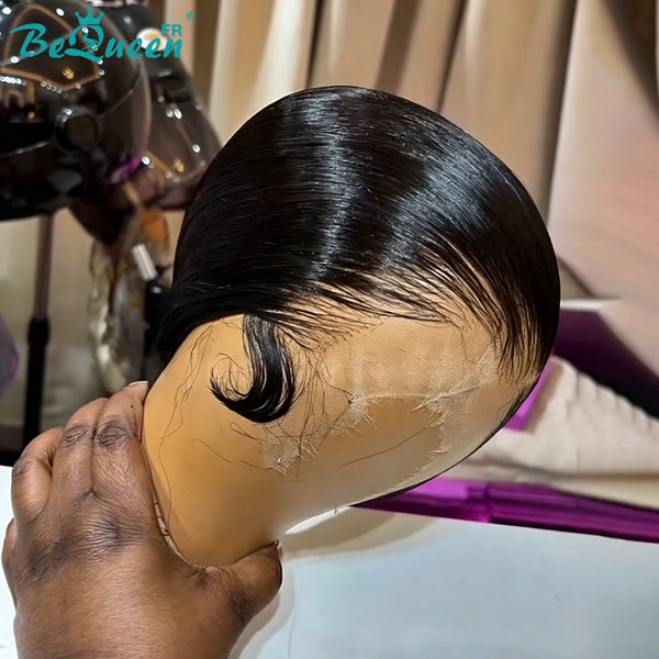 Bequeen glatte Perücke "Chris" mit Lace Front 13*4, Schwarz, 100% Echthaar, Seitenscheitel