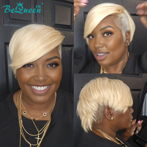 Bequeen Peluca “Meme” Pixie Topper rubio liso lista para usar 100% cabello humano