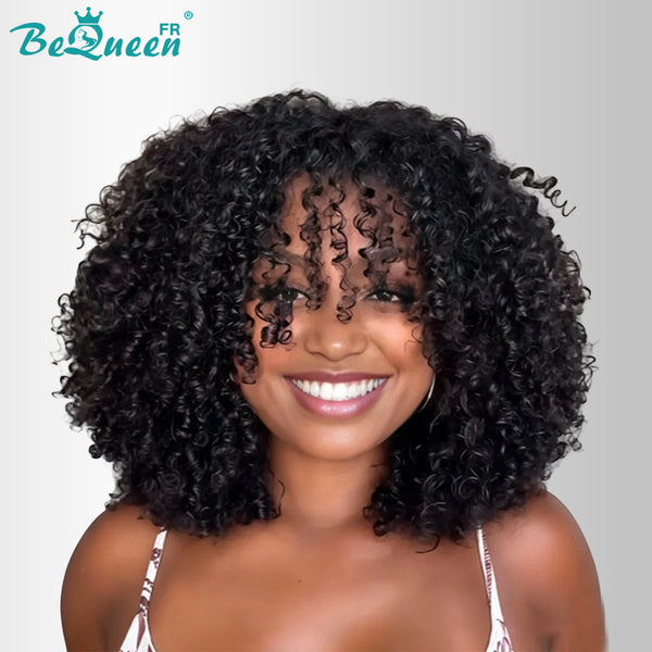 BeQueen "Josie" Peruca Bob Curly Wave preta com franja, feita à máquina, metade do preço, estilo 2