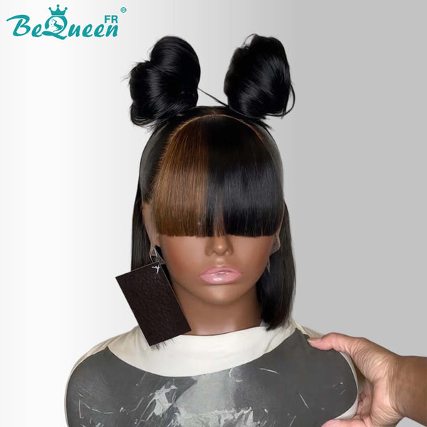 Bequeen Perücke "Naomi" schwarz-Honigblond-Mix mit Pony und Chignon, 100% Echthaar