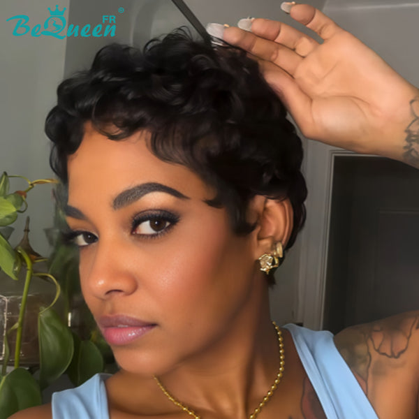 Peluca Bequeen "Chioma" Pixie negra rizada sin pegamento, lista para usar