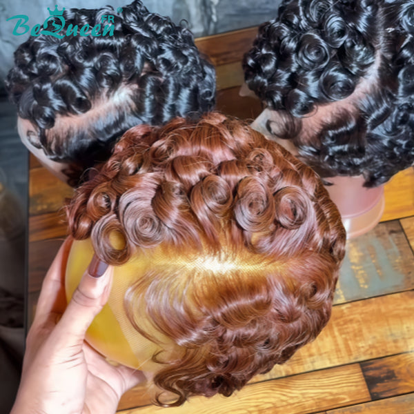 Bequeen Perücke „Chioma“ Pixie, schwarz, lockig, maschinell gefertigt oder Lace Front ohne Kleber, sofort tragbar