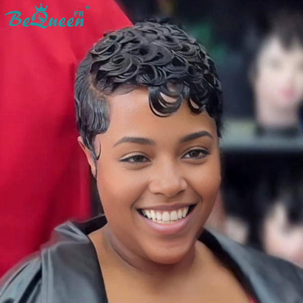Bequeen Perücke „Chioma“ Pixie, schwarz, lockig, maschinell gefertigt oder Lace-Front ohne Kleber, ready-to-wear, Stil 11