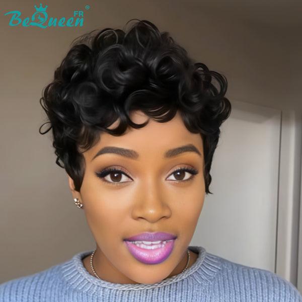 Bequeen Peluca “Chioma” pixie negra rizada, hecha a máquina sin pegamento, lista para usar estilo 13