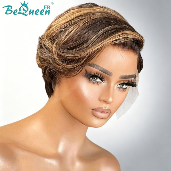 BeQueen Perruque "Amber" Marron mix Miel pixie lisse avec lace frontale 13*4 100% cheveux humains