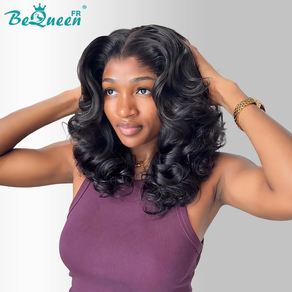 BeQueen "Polysia" Perruque noir Bob bouncy curly avec Lace frontale Sans colle style 44