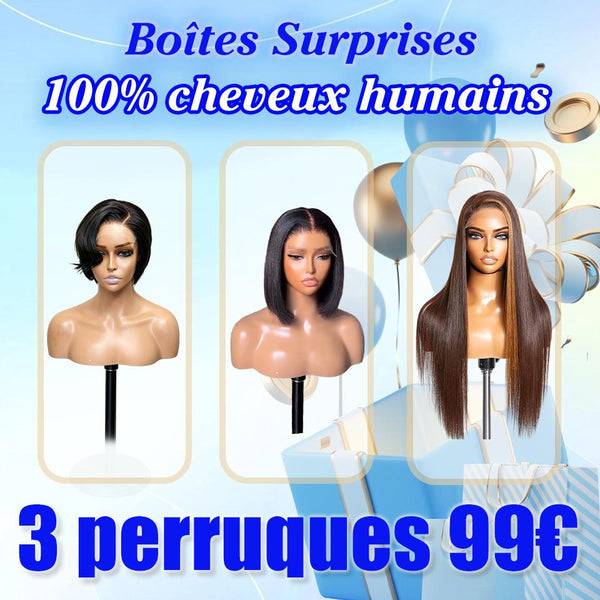 Bequeen boîte surprise:  3 Perruques 100% cheveux humains pixie+bob+longue= 99€