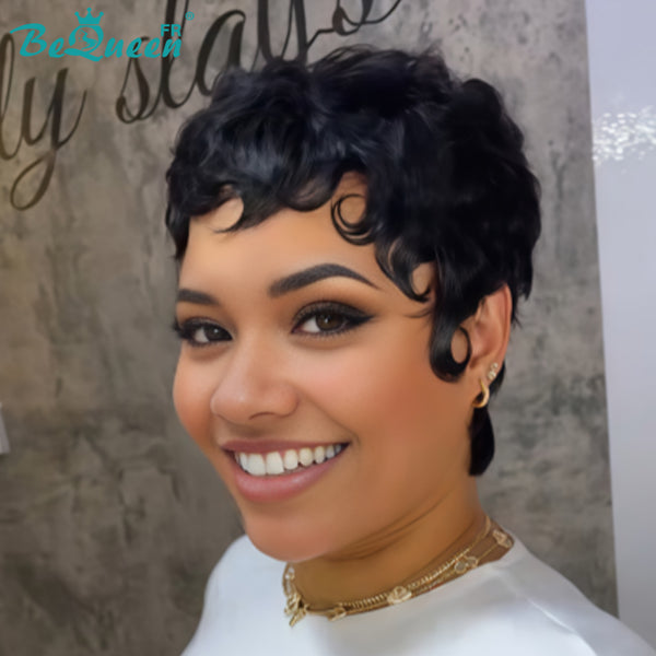 Bequeen Peluca “Chioma” Pixie negra rizada a máquina sin pegamento lista para llevar, estilo 14