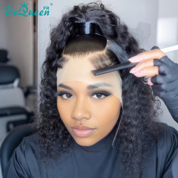 BeQueen "Alice" Schwarze Bob-Deep-Wave-Perücke, 26 Zoll, mit Dutt, 13*4 Lace Front, bereits customisiert, ohne Kleber