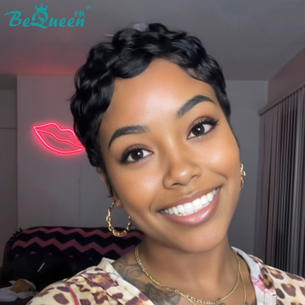 Bequeen Peruca “Chioma” Pixie preta cacheada, feita à máquina, sem cola, pronta a usar, estilo 15