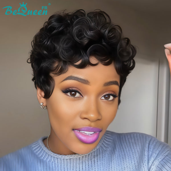 Bequeen Peluca “Chioma” pixie negra rizada, hecha a máquina sin pegamento, lista para usar estilo 13