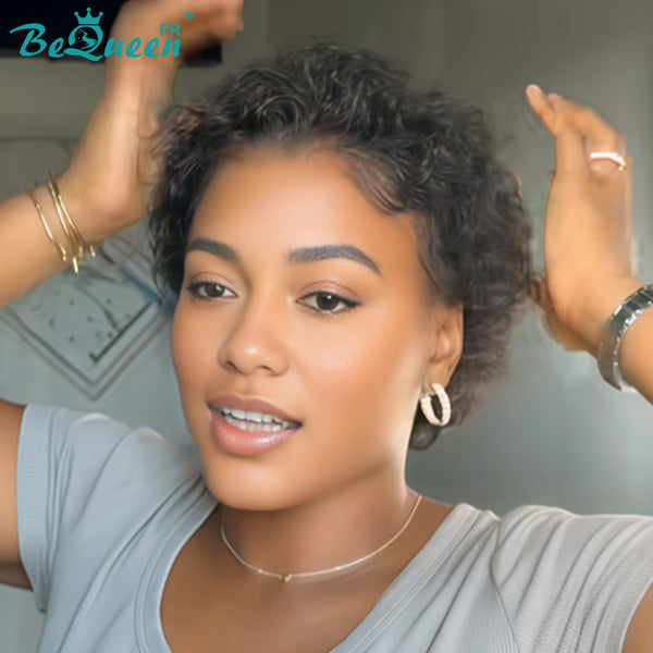 BeQueen "Coco" Perruque Noir avec lace frontale kinky curly pixie 100% cheveux humains