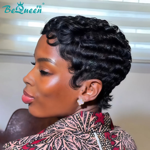Bequeen Perruque “Chioma” Pixie noir curly à la machine sans colle Prêt à porter style 11