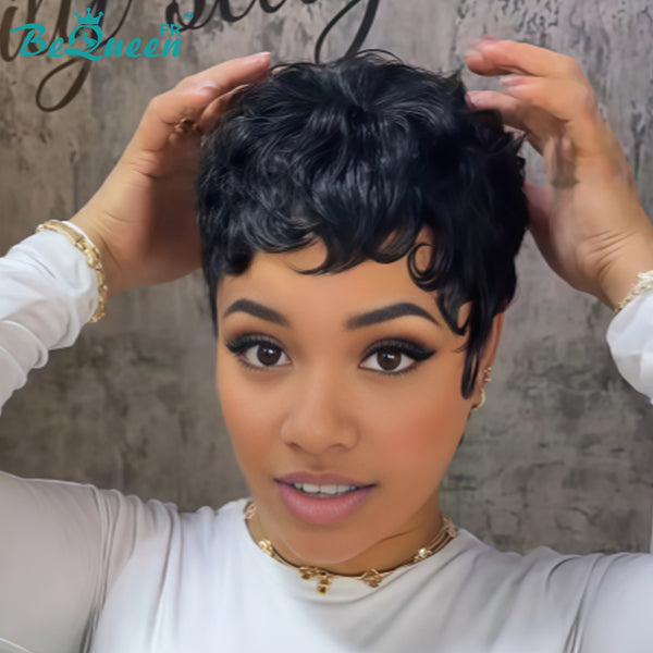 Bequeen Peluca “Chioma” Pixie negra rizada a máquina sin pegamento lista para llevar, estilo 14