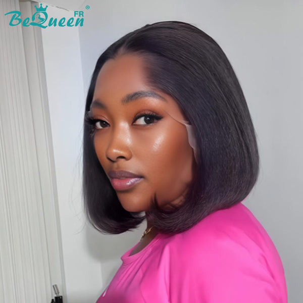 BeQueen “Klaus” Peluca bob Kinky Straight longitud 10 pulgadas con lace frontal 13*4, raya lateral sin pegamento