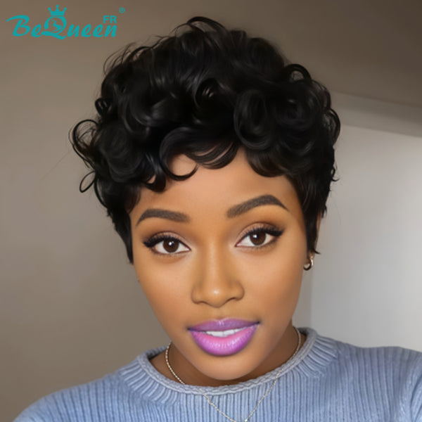 Bequeen Peluca “Chioma” pixie negra rizada, hecha a máquina sin pegamento, lista para usar estilo 13