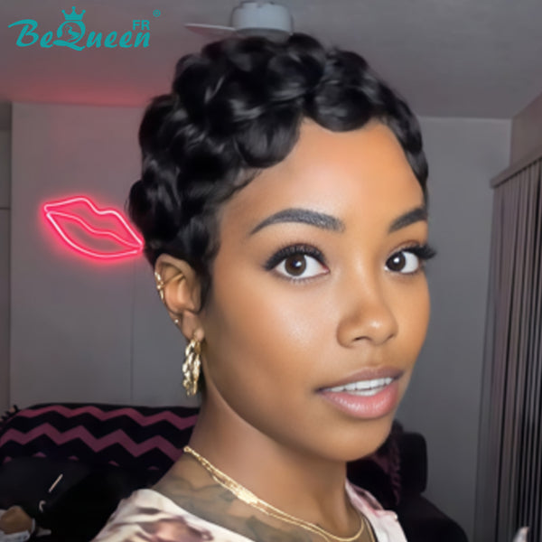 Bequeen Peruca “Chioma” Pixie preta cacheada, feita à máquina, sem cola, pronta a usar, estilo 15