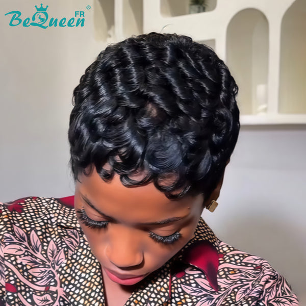 Bequeen Perruque “Chioma” Pixie noir curly à la machine sans colle Prêt à porter style 11