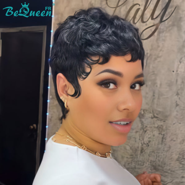Bequeen Peluca “Chioma” Pixie negra rizada a máquina sin pegamento lista para llevar, estilo 14