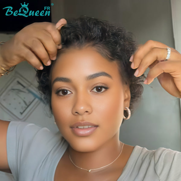 BeQueen "Coco" Perruque Noir avec lace frontale kinky curly pixie 100% cheveux humains