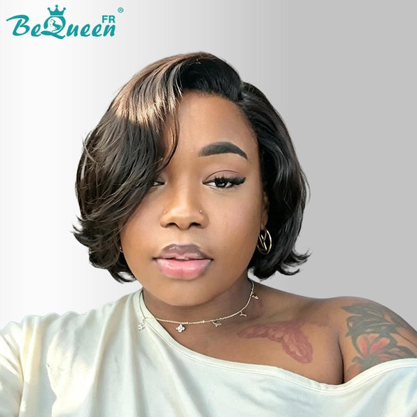 BeQueen "Chris" Peluca pixie lisa con raíz negra y marrón, raya lateral, lace frontal sin pegamento, 100% raw hair, buena calidad, puede durar 20 años, estilo 20