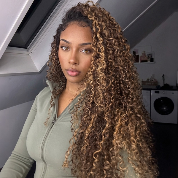 BeQueen Tissage Extensions de Cheveux Feather marron mix miel curly wave 100% cheveux humains